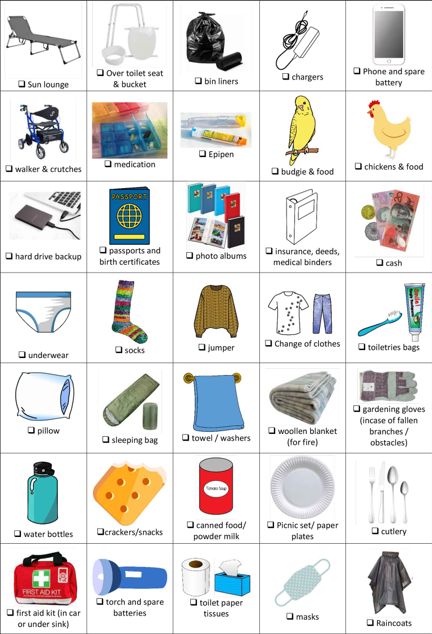 A grab and go check list with images and check boxes