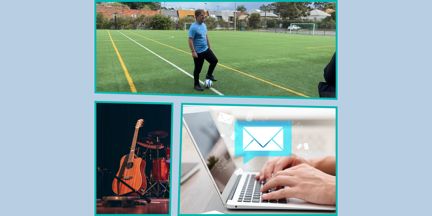 A collage of 3 photos, including a man on a soccer field, an accoustic guitar on a stage and a graphic of an email symbol overlaying hands typing on a laptop keyboard