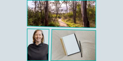 A collage of photos with a smiling woman in a soft, black shirt, a photo of someone walking in the Australian bush and a notepad and pen