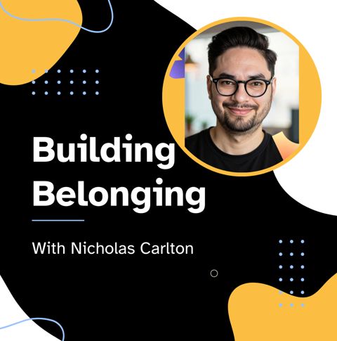 A graphic with flowing shapes and a circle around a photo of a young man smiling