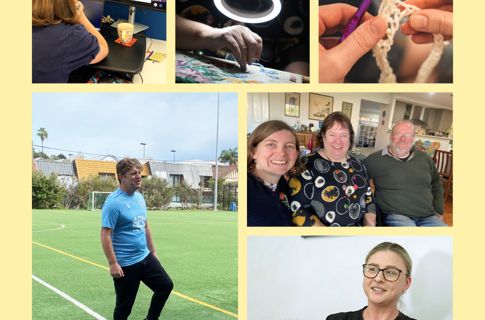 Collage of photos including a woman watching a powerpoint presentation, someone embroidering with a lit magnifying glass, hands crocheting, a man on a soccer field with a ball, three people, two in wheelchairs, smiling and a woman with a dog on her lap talking.