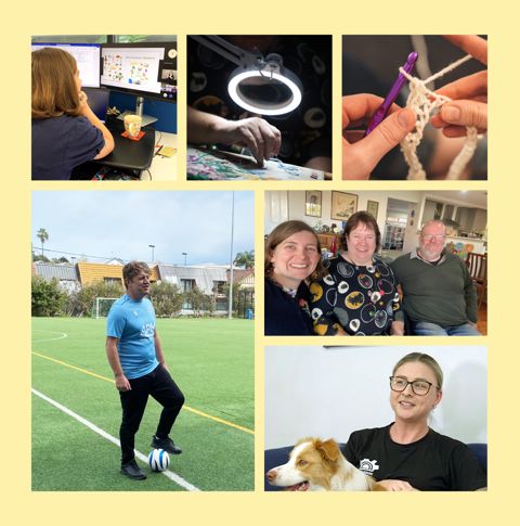 Collage of photos including a woman watching a powerpoint presentation, someone embroidering with a lit magnifying glass, hands crocheting, a man on a soccer field with a ball, three people, two in wheelchairs, smiling and a woman with a dog on her lap talking.