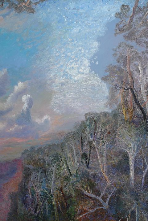 A landscape painting titled evening shadows