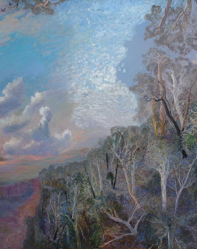 A landscape painting titled evening shadows