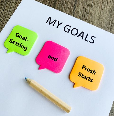 photo of post-it notes with the title 'goal setting and fresh starts' across each one