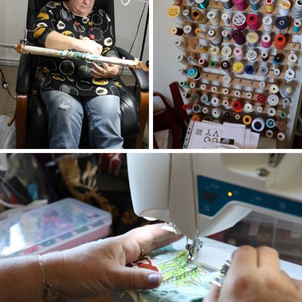 A collage of images including a woman in a wheelchair doing embroidery, wall mounted threads, a close up of hands using a sewing machine
