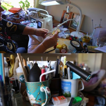 A collage of photos of hands using a magnifier to see a piece of cloth and another of a lazy susan with craft supplies