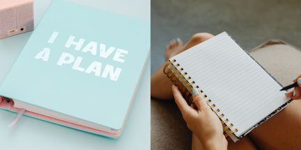 A collage with two photos, of a planner with the text 'I have a plan' on the front, and a spiral bound notepad held in someone's lap, with a pen poised above it