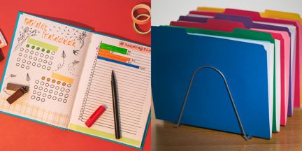 A collage of two photos, one showing a bullet journal in use, the other manila folders in various colours on a rack