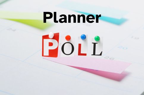 the text 'Planner Poll' over a background of a notebook with dates and sticky notes