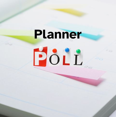 the text 'Planner Poll' over a background of a notebook with dates and sticky notes