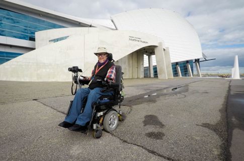Rob outside WA Maritime Museum in wheelchair.