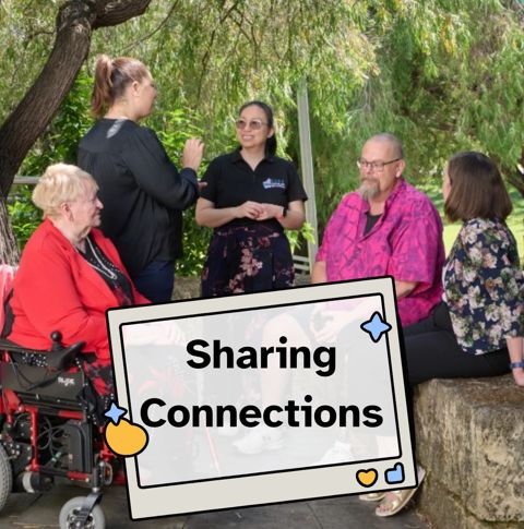 Photo of 5 people chatting outside, with the text sharing connections superimposed