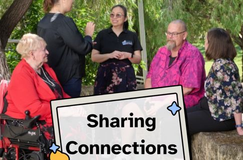 Photo of 5 people chatting outside, with the text sharing connections superimposed