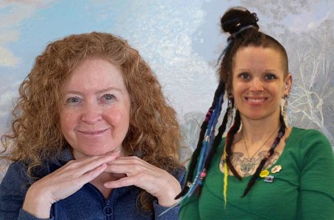 Photos of two smiling women in front of a painting
