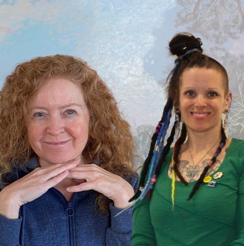 Photos of two smiling women in front of a painting