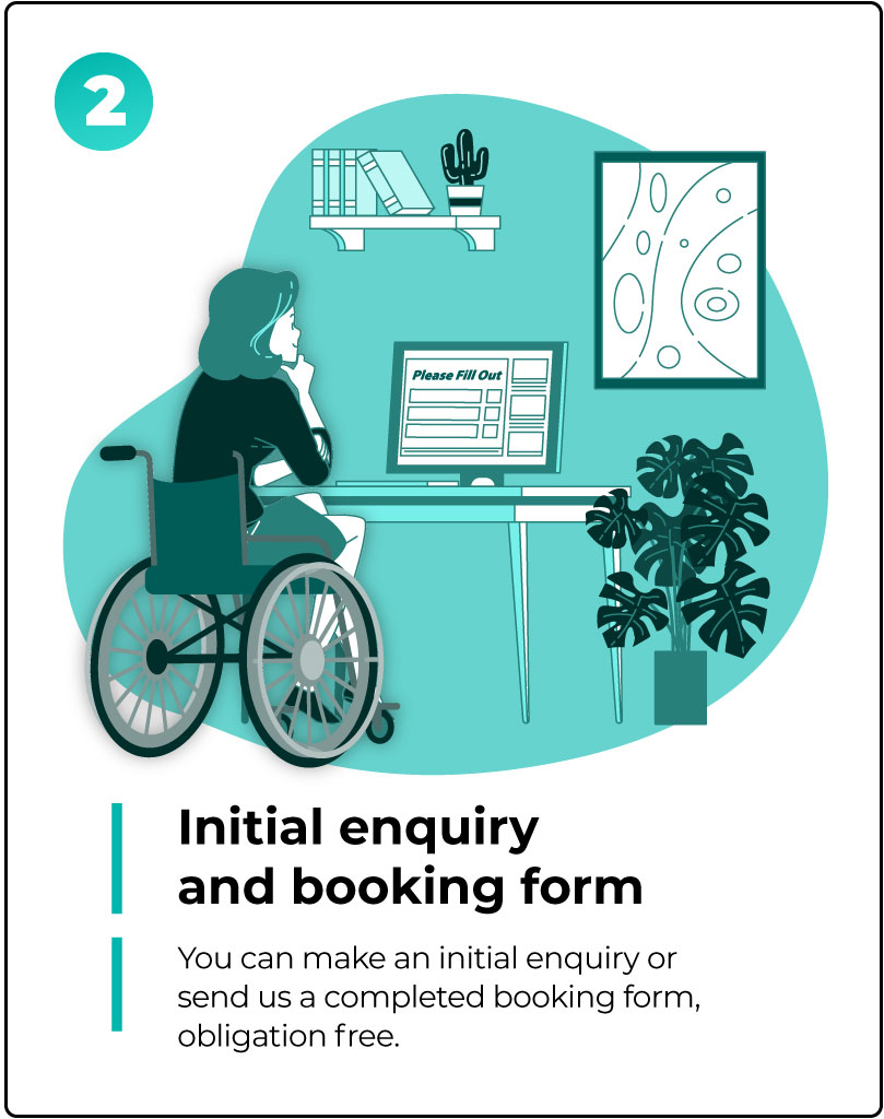 Step 2 of the AT Mentor service on a green background. A woman seated in her wheelchair at her desk is looking at her computer screen.  The text below says, initial enquiry and booking form. You can just make an enquiry or send us a completed booking form, obligation free.