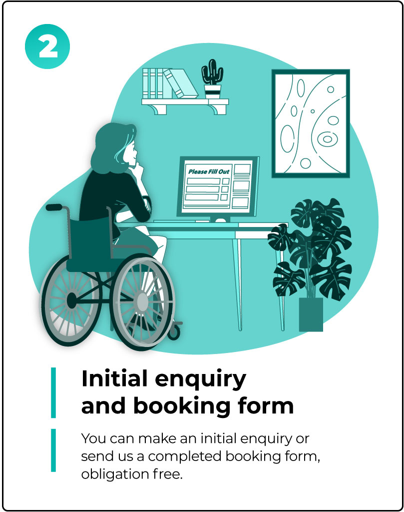 2-Info Step 2 of the AT Mentor service on a green background. A woman seated in her wheelchair at her desk is looking at her computer screen. The text below says, initial enquiry and booking form. You can just make an enquiry or send us a completed booking form, obligation free.
