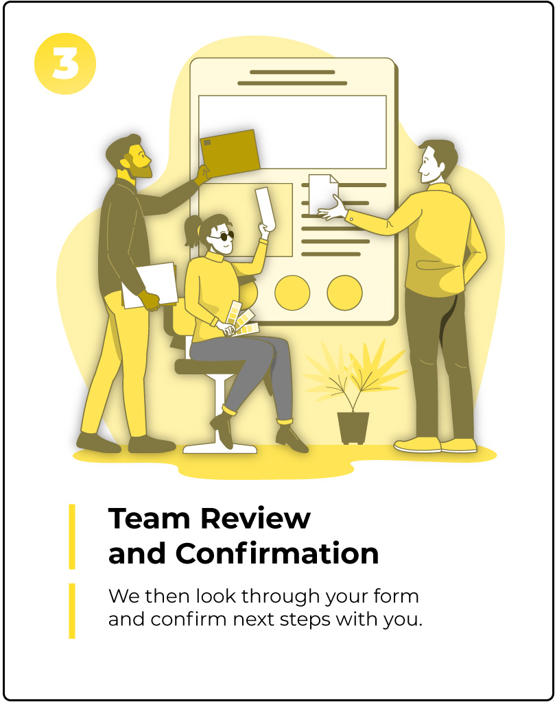 Step 3 of the AT Mentor service on a yellow background. Three people are standing and seated in front of a whiteboard talking to each other. The text underneath says, team review and confirmation. We then look through your form and confirm next steps with you.