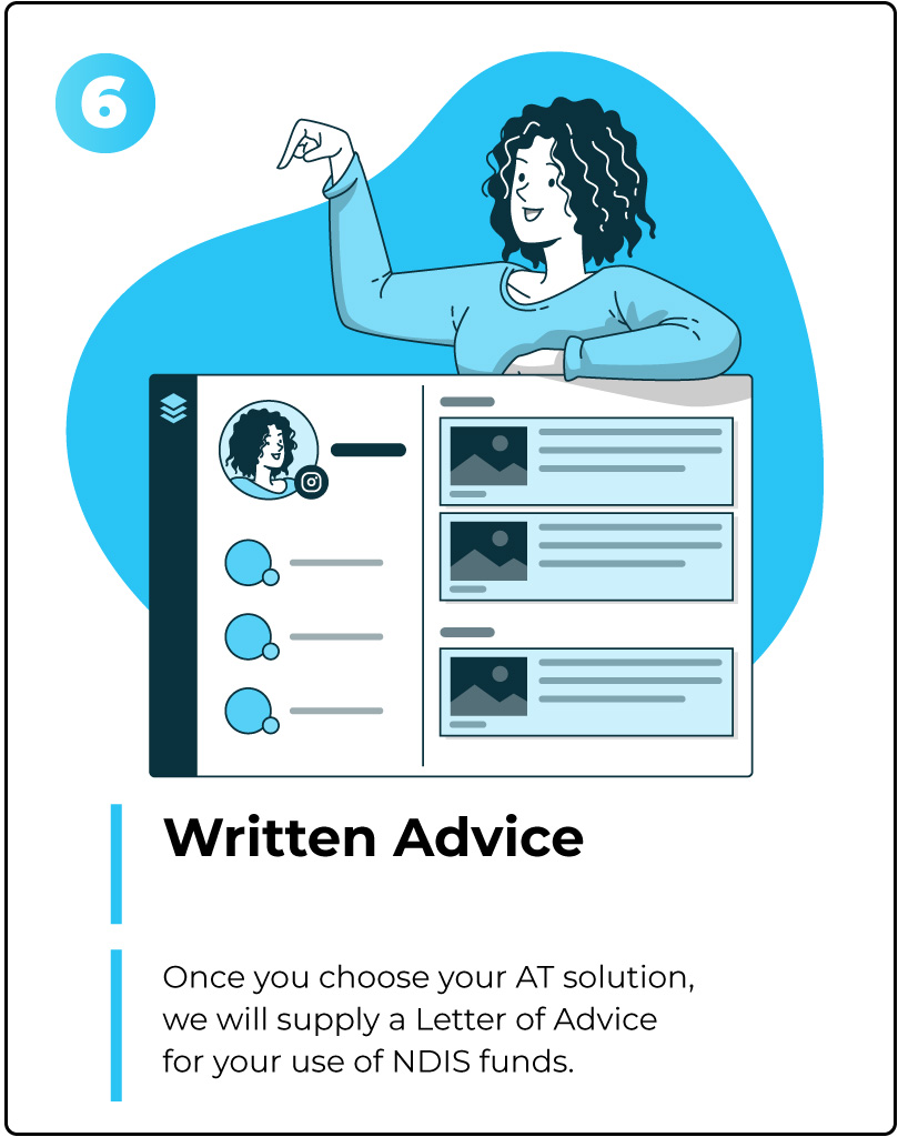 6-Info Step 6 of the AT Mentor service on a blue background. A woman is pointing down to a completed letter. The text underneath says, once you choose your AT solution, we will supply a letter of advice for your use of NDIS funds.