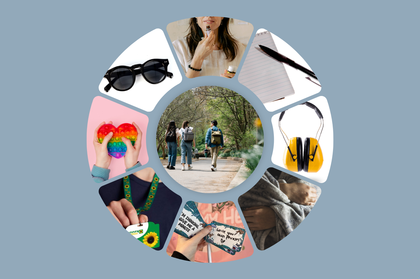 A circle with 9 images showing sensory AT and of three people walking together outside