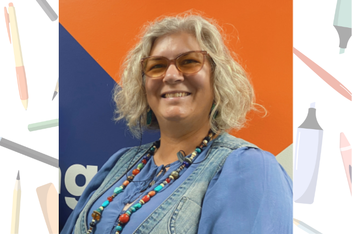 AT list - KC SM header Photo of a smiling woman with glasses with a background of pens and highlighters