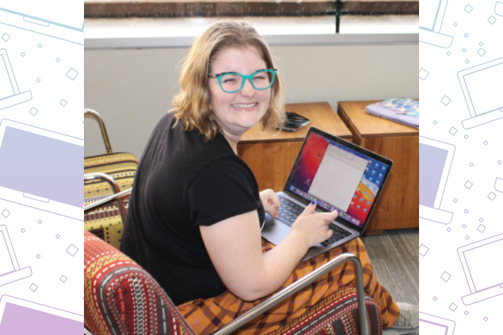 AT list LD header Photo of a young woman grinning while typing on a laptop on her lap
