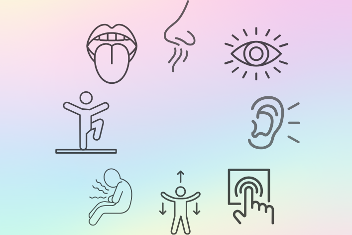 Image with a pastel rainbow background with 8 icons depicting the 8 senses