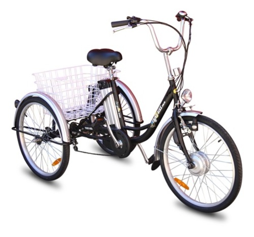 silver trike with basket on back