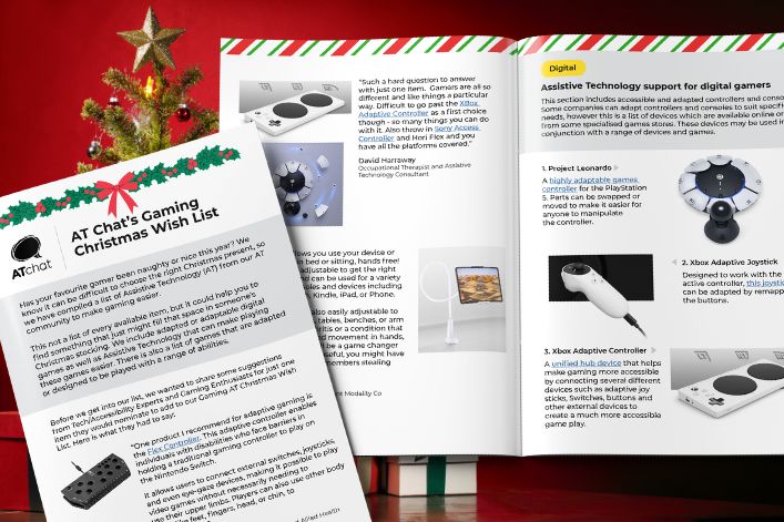 AT Chat gaming resources A few pages of the AT Chat gaming wish list resource is spread across a red background with parts of a Christmas tree and presents showing in the background