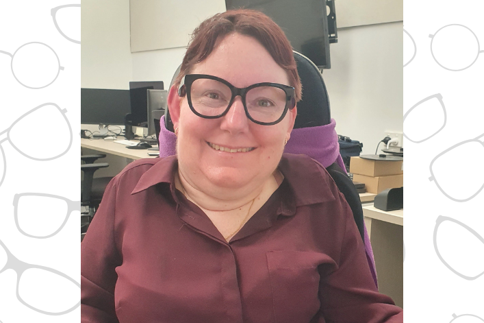AT list article header - Melanie Hawkes Photo of a woman smiling with glasses, with a background of glasses
