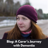 Danika pic-blog 28.3.19 Danika is standing outside wearing a benie, it is cold. Text overlay on a black background says blog, a carers journey with dementia