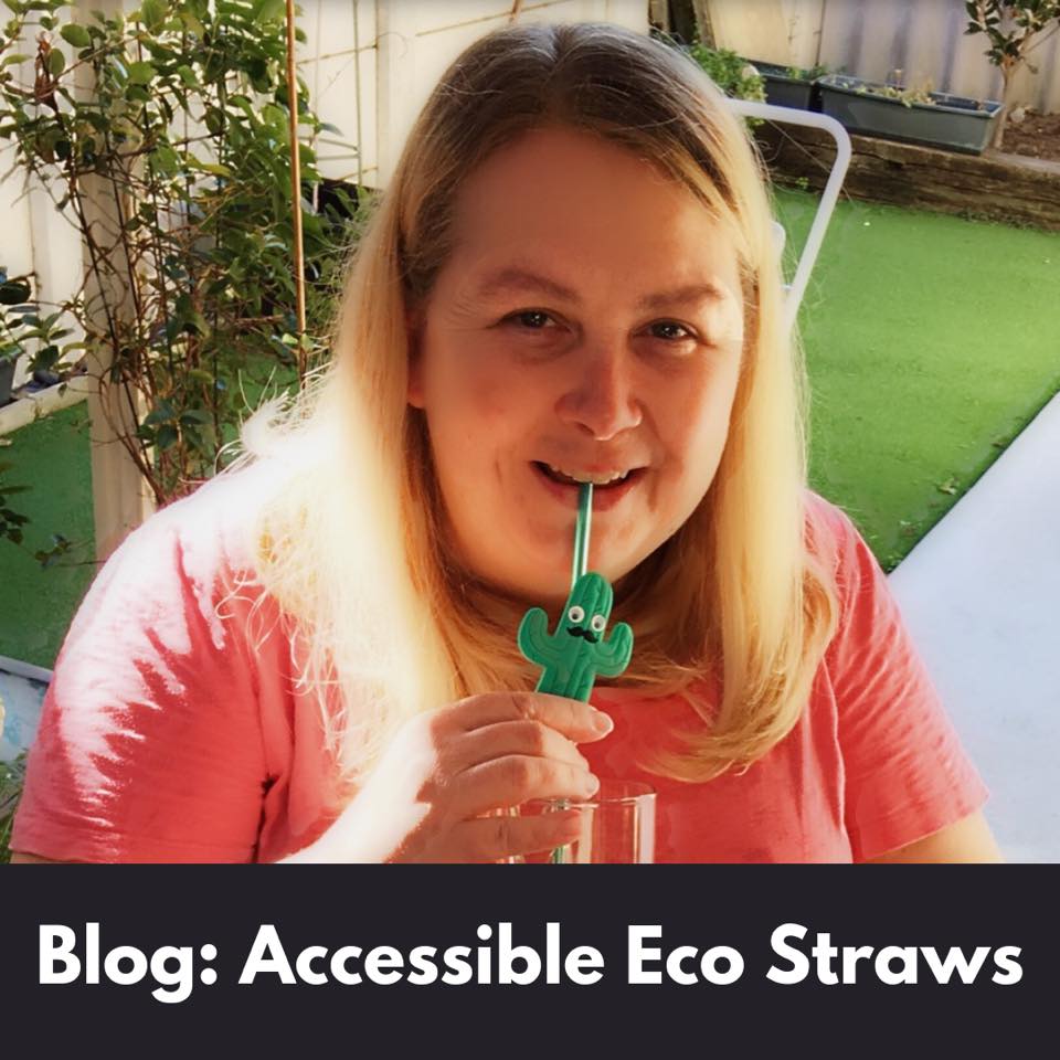 Woman with a drinking straw in her mouth looking at the camera.  The straw has a green cactus type figure with eyes attached to it.  White text overlay on a black background says, blog: Accessible Eco Straws