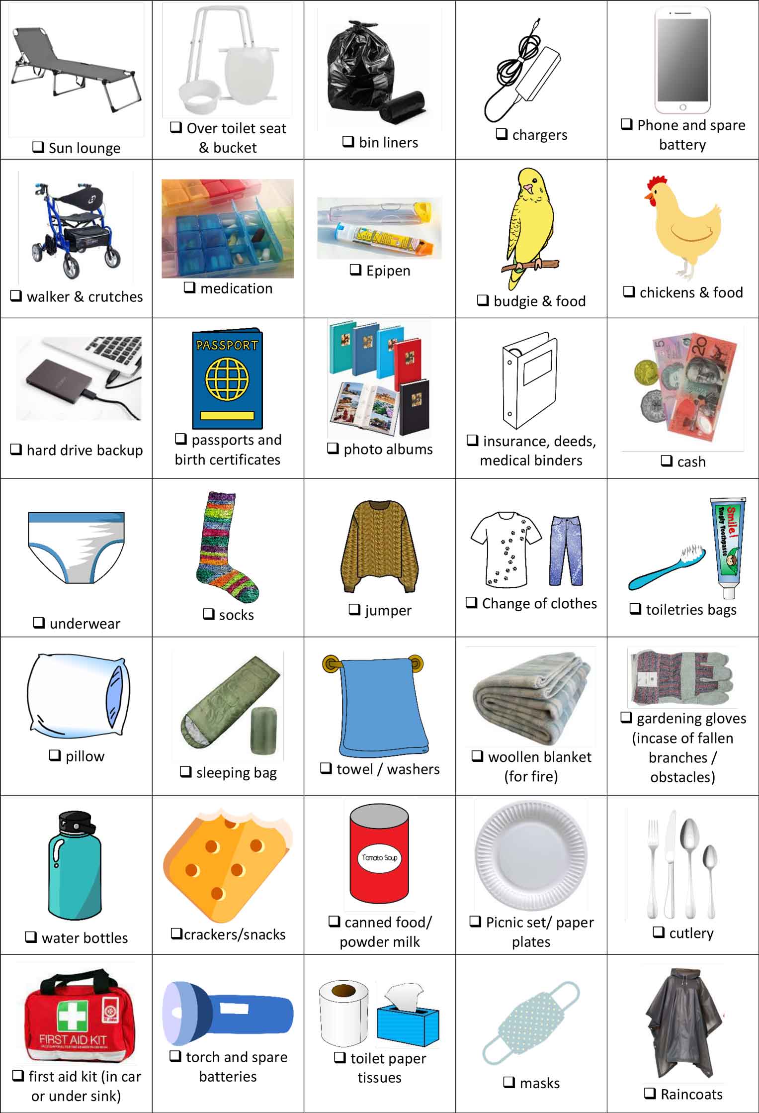Emergency-grab-and-go-packing-list A table with 25 images showing what will be included in the grab and go bag such as a first aid kit, torch, masks, toilet pater, epipen, charger. .