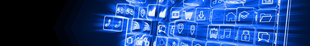 CGI image of bright blue and white icons rising out of a computer screen