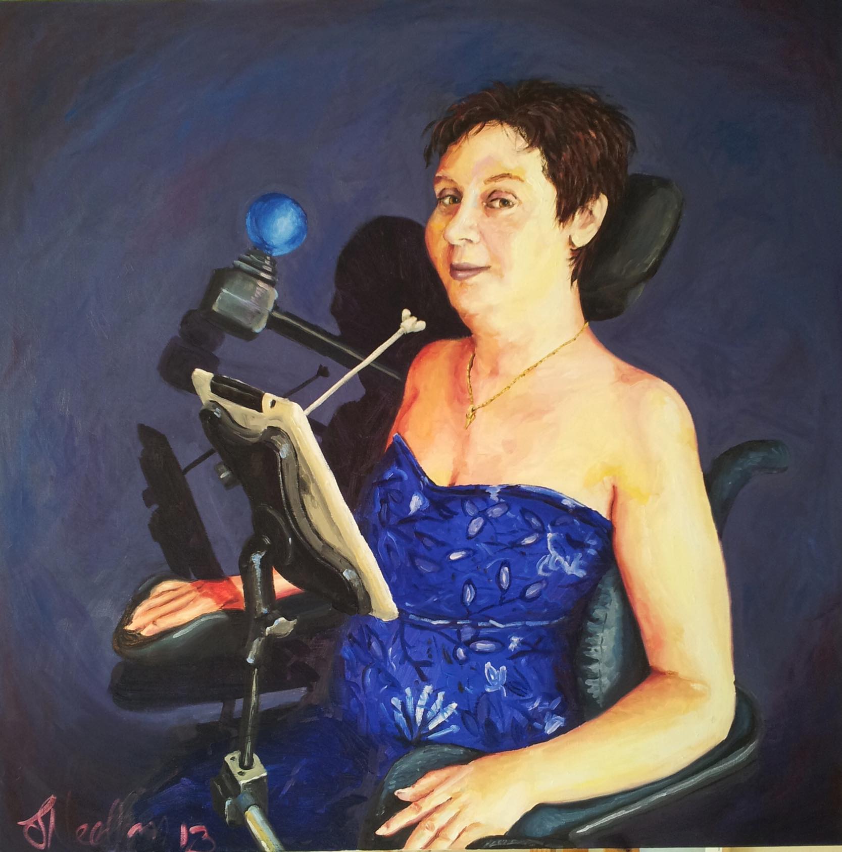 A painting of Joanna Fowler in a wheelchair.