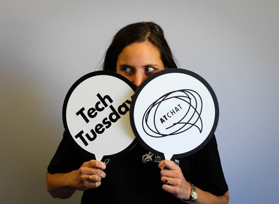 Lauren Farrall with AT Chat and Tech Tuesday speech bubbles