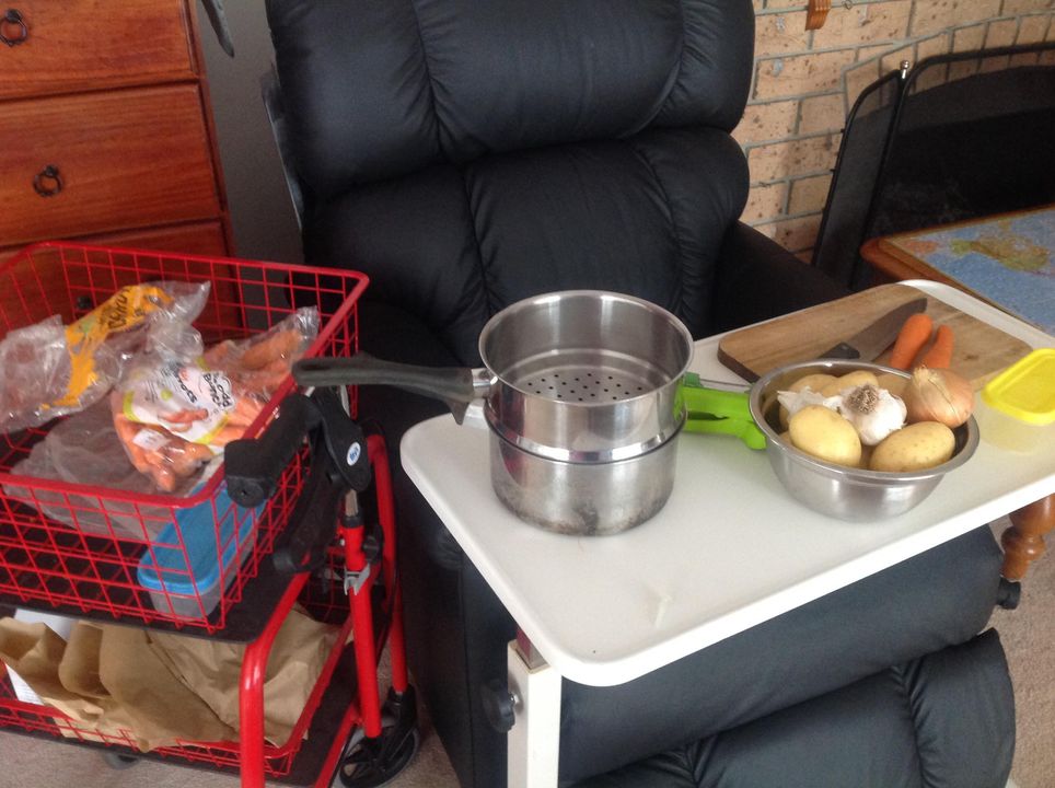 TV table set-up for a prep station. TV table set-up for a prep station.
