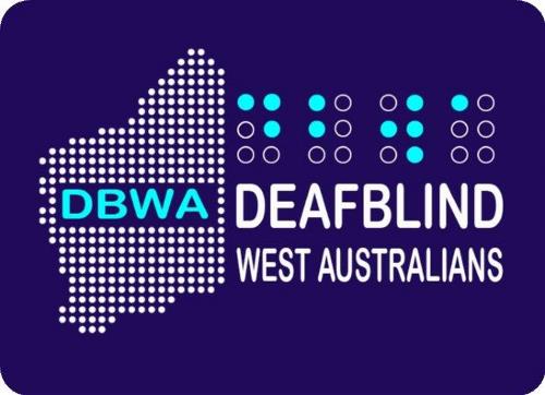 DBWA logo on a blue background, there is a dotted outline of WA with the letters DBWA across it. To the side is a braille image of the letter DBWA and underneath are the words Deafblind West Australians
