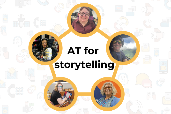 AT for storytelling article header A pentagon with photos of AT users featured in the articles on each corner, with the text AT for storytelling in the centre, and images relating to storytelling on the background