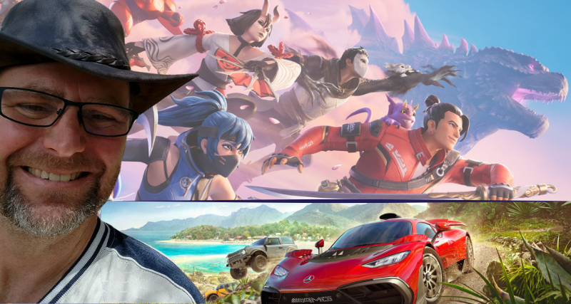 David Vosnacos header Man smiling in a hat in front of a background of video games, Fortnite and Forza