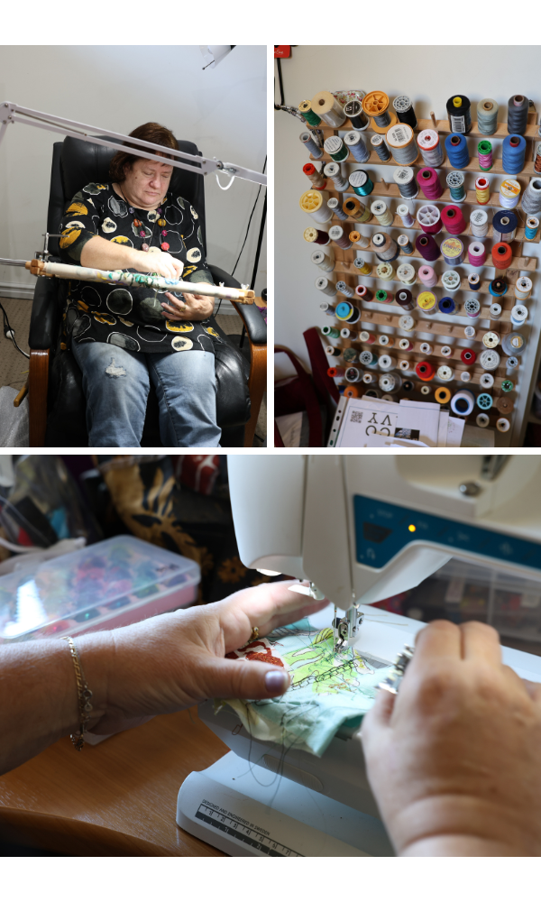 A collage of three images: a woman using a lamp and frame for embroidery, a wall of embroidery thread and a closeup of a woman's hands stitching with a sewing machine