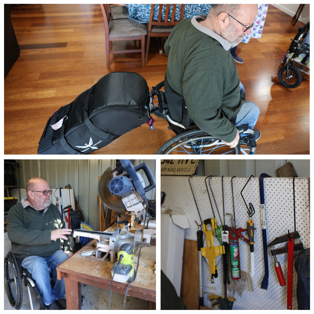 3 photos, showing a man in a wheelchair with a suitcase attached behind his wheelchair, at an outdoor table working with tools, and showing a saw in a shed