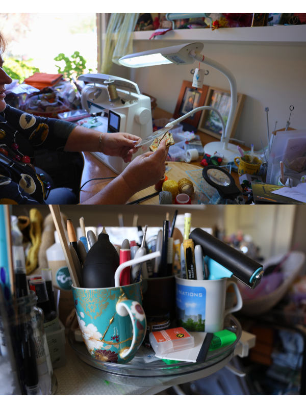 two photos, one of a woman using a table lamp to examine a cloth and the other of a lazy susan with craft items on it