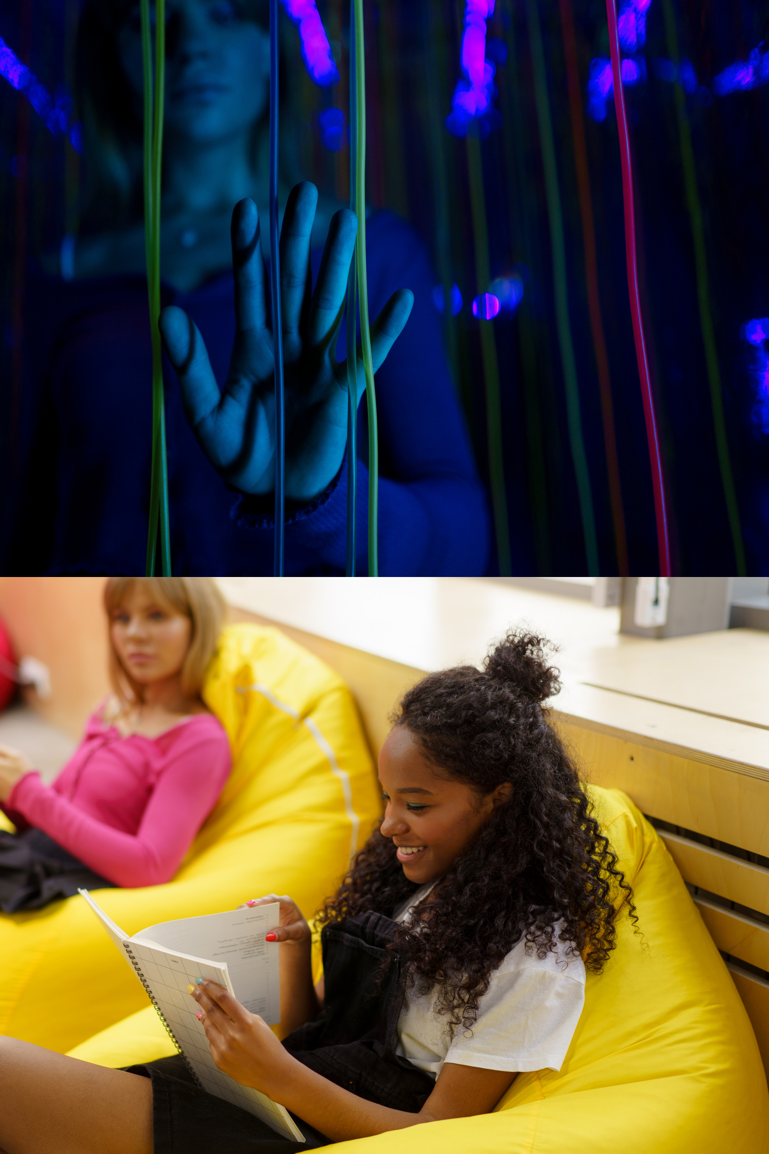 collage with a person interacting with coloured tubes and adults sitting on beanbags