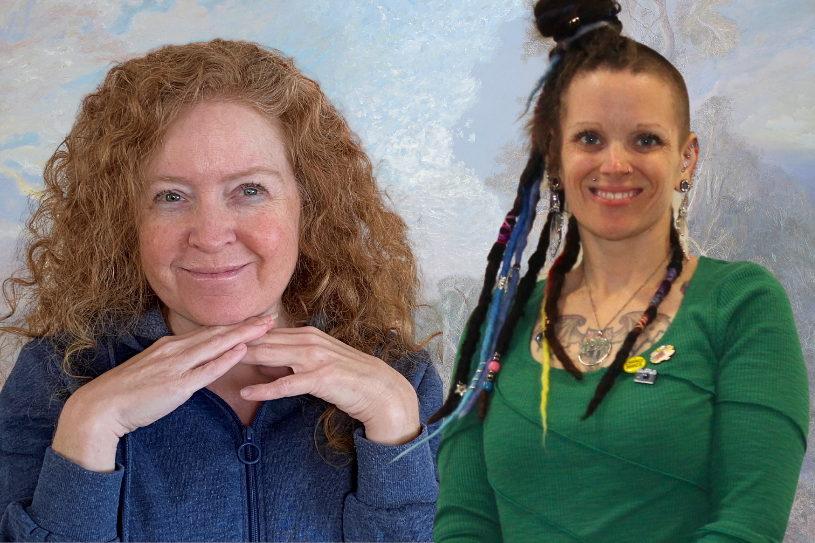 storytelling podcast header Photos of Sarah Empey and Jacqui O'Leary smiling in front of a background of a painting of the Australian bush at dusk