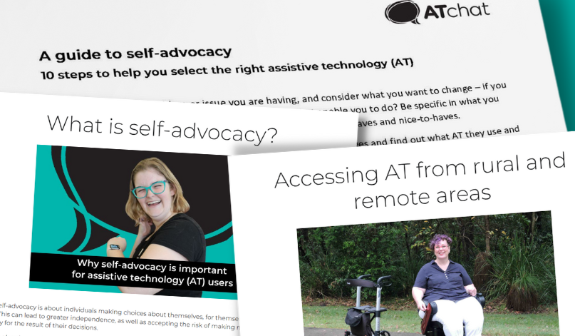 A young lady stands smiling as she brings her smart watch up to towards her face to read it. A speech bubble is in the background with the words, Why self-advocacy is important for assistive technology (AT) users.