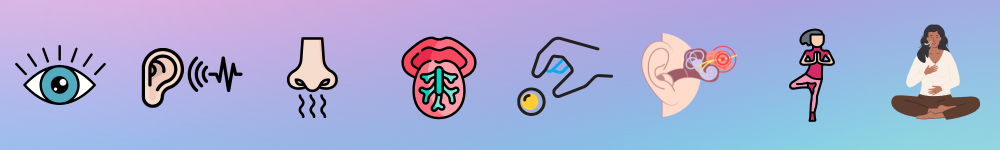 Pastel rainbow background with 8 images representing the 8 senses