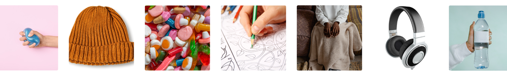 a squeezy ball, a beanie, lollies, colouring in, a lap blanket, headphones, a water bottle