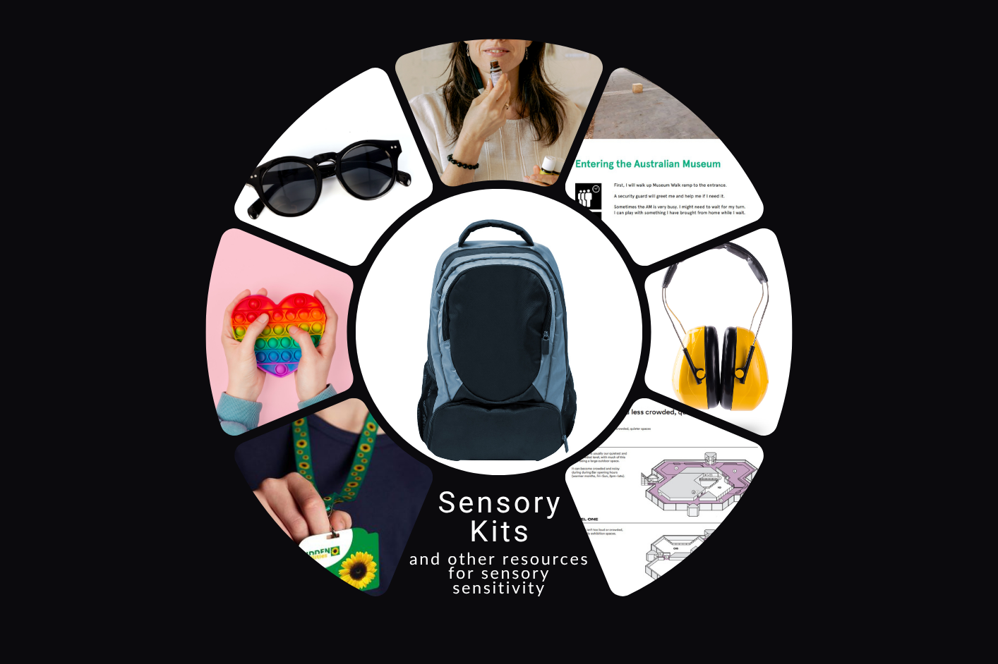 A circle with 9 sections showing an essential oil roller, part of a visiting story, ear muffs, a sensory map, a hidden disabilities sunflower lanyard, a hear shaped press fidget and sunglasses